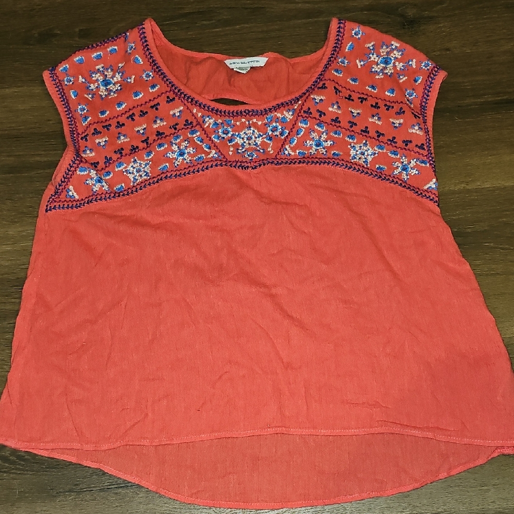 American Eagle Outfitters Bohemian Red Embroidered Blouse Xs Women Top